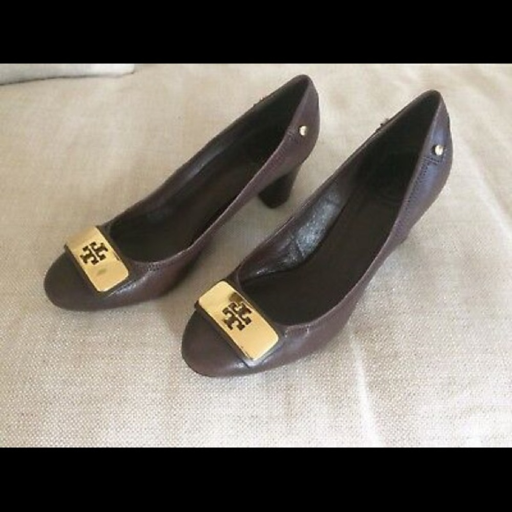 Tory Burch Pumps Brown Logo Leather Heels 6.5